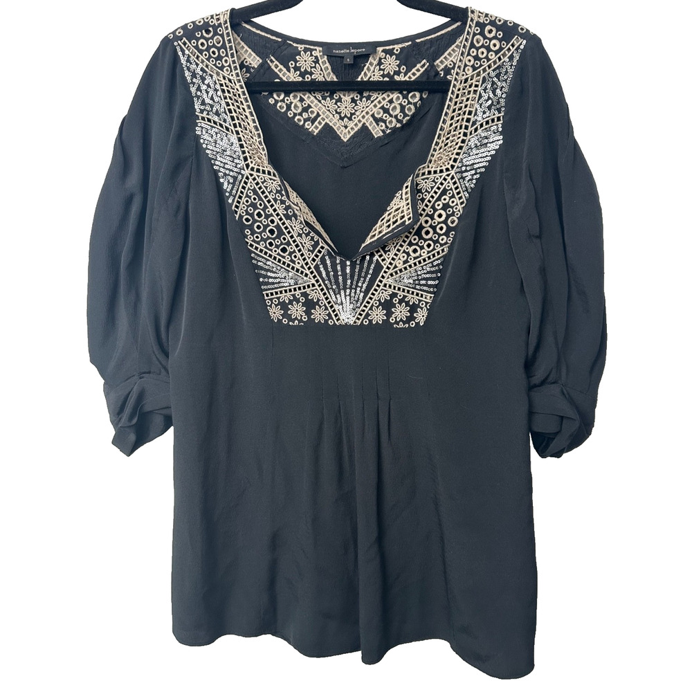 Nanette Lepore 6 Embellished Silk Black Embroidered Sequin Blouse Tunic D39